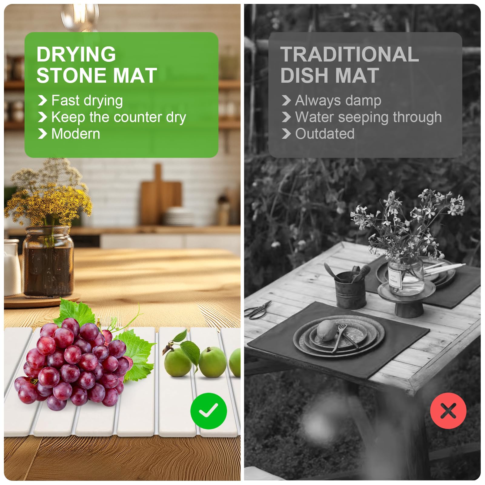 Large Stone Dish Drying Mat for Kitchen Counter, 24"×16", Collapsible Quick Dry Stone Dishes Mats, Eco-Friendly, Super Absorbent Diatomaceous Earth Mats for Dishes Bottles Cups, Match Any Countertop