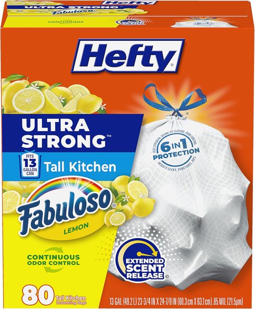 Hefty Ultra Strong 13 Gallon Trash Bags - Leak & Puncture Resistant | Continuous Odor Control, 80 Count, Lemon Scented