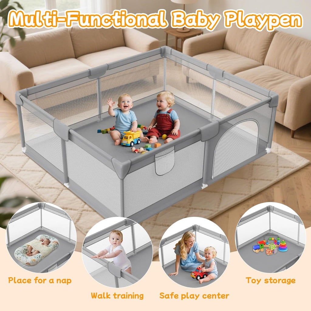 Skiennix Large Baby Playpen - Breathable Mesh Safety Playard with 2 Handles | 74"x50" Grey Activity Center for Indoor & Outdoor Use