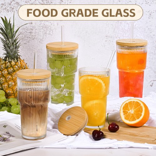 AFINSEA 20oz Ribbed Glass Coffee Cups with Lids and Straw,1PCS Glass Cups with Lid Vintage Iced Coffee Cups Glassware for Whiskey Cocktail Beer