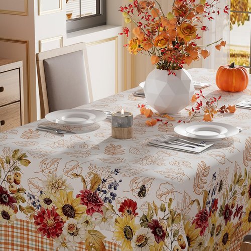 XCHI Fall Wlid Flowers Maple Leaves Plaid Tablecloth Rectangle Washable Table Covers for Home Party Decorations 60x84 Inch