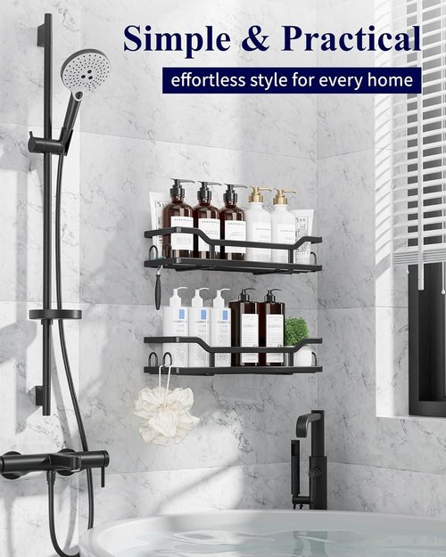 Kitsure Shower Caddy - Wall Mounted Organizer with 8 Hooks | Rustproof Stainless Steel, 2 Pack, Black