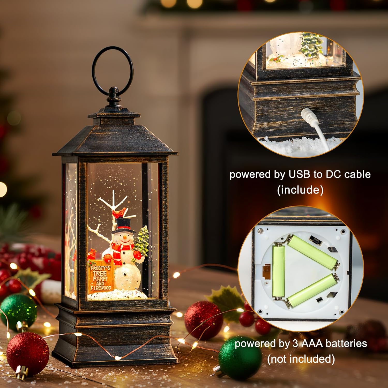 Skiennix Christmas Snow Globe Lantern - Musical Snowman & Tree Scene | Lighted USB/Battery Operated