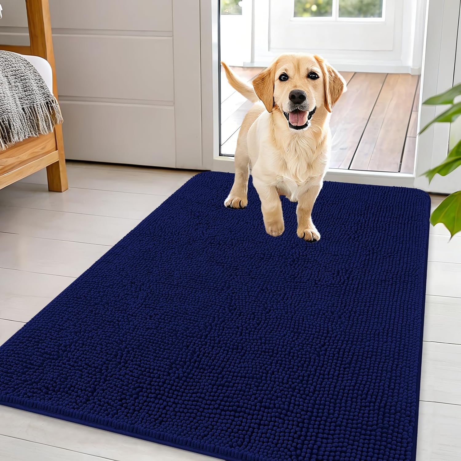 OLANLY Dog Door Mat - Absorbent Non-Slip Washable Chenille Mat for Muddy Paws | 44x32, Navy Blue
