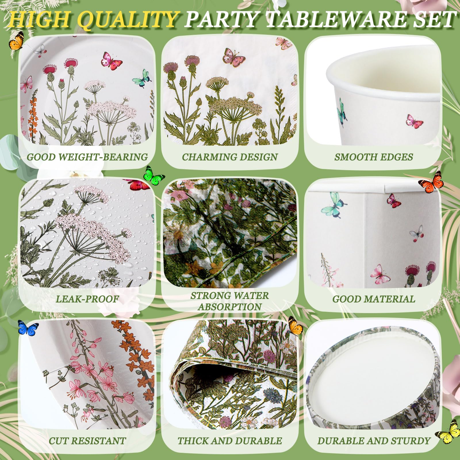 Hushee 324 Wildflower Party Supplies Paper Plates and Napkins Disposable Spring Floral Baby Shower Birthday Tableware for Spring Summer Picnic Birthday Wedding Tea Party Serves 36