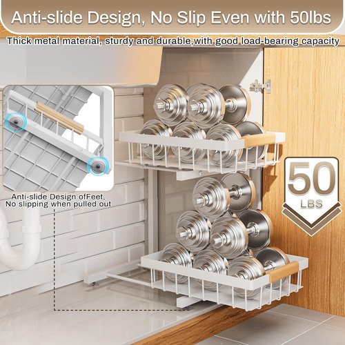 ADBIU Under Sink Organizer - Adjustable Height 2-Tier Pull-Out Drawers | Heavy-Duty Metal Shelf, White (11"-15.75")
