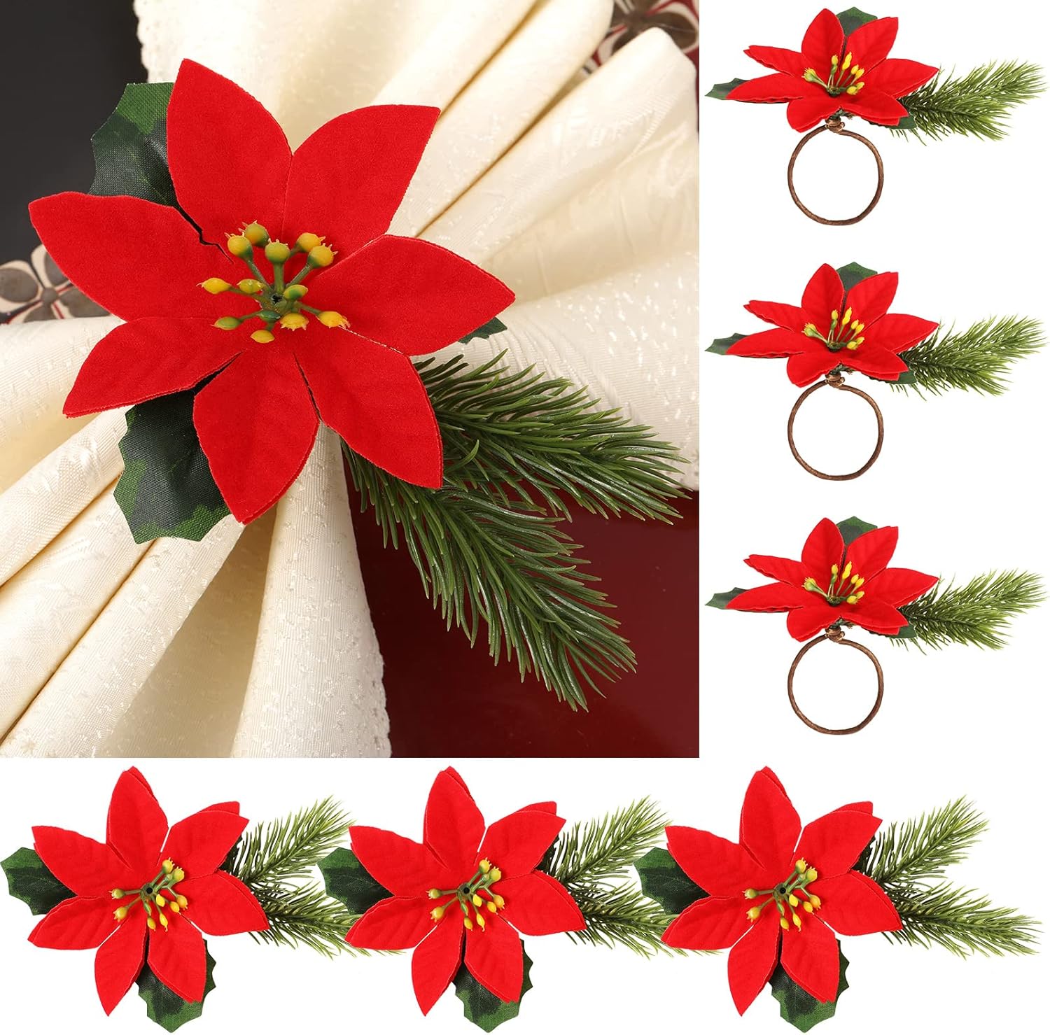 Regine Switzerland Christmas Pine Cone Napkin Rings - Rustic Poinsettia & Berry Design | Set of 6