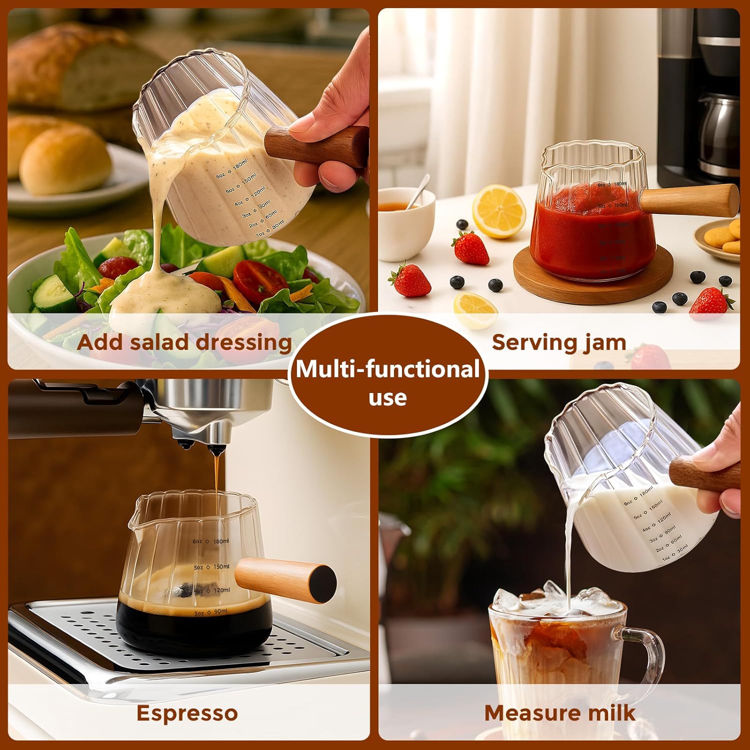 YARRAMATE Glass Measuring Cup - 6 oz/180ML with Wooden Handle | Ribbed Design for Easy Pouring