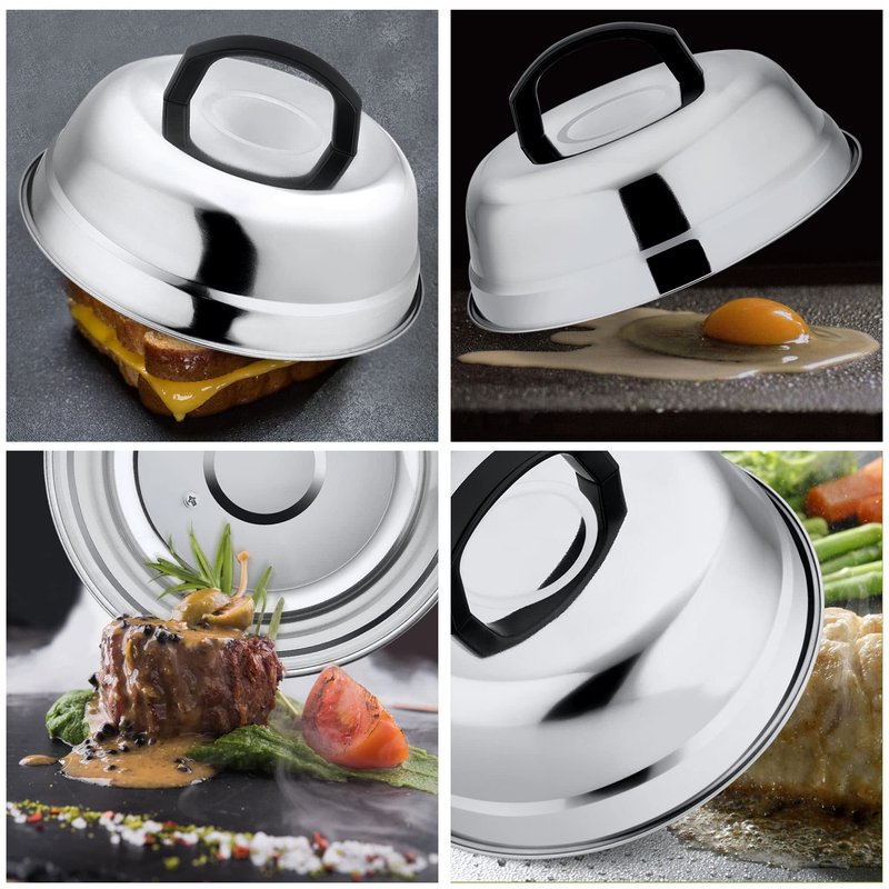 Leonyo 9 Inch Cheese Melting Dome Lid Set of 2, Stainless Steel Griddle Accessories, Durable Basting Steaming Cover for Teppanyaki Flat Top Griddle Grill, Hamburger Bacon Steak Patties, Plastic Handle