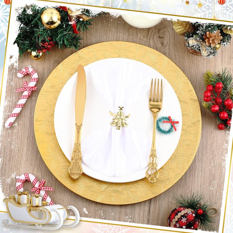 Tioncy 24 Pcs 13'' Christmas Gold Charger Plates Bulk Dinner Plates Plastic Round Charger for Party Plate Table Setting Tree Decorative Wedding Party Serving Restaurant Home Event Tabletop Decoration