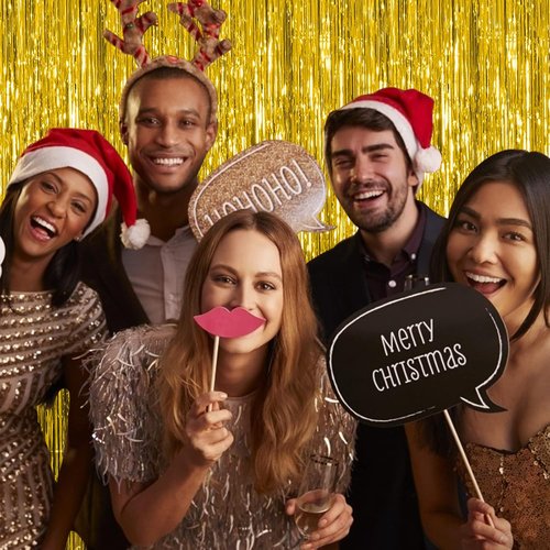 Gold Metallic Tinsel Foil Fringe Curtains by [Brand Name] - 5 Pack Photo Booth Backdrop for Parties & Celebrations
