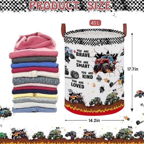 Monster Trucks Laundry Hamper Basket Kid Gift Toy Bin Empty Car Nursery Decor Hamper,Storage Basket Collapsible Clothes Book Organizer Bin for Boy,Easter Gift (Monster Trucks-Fire)