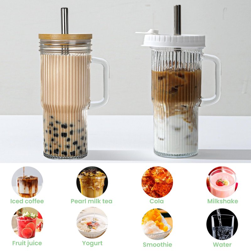 Birity 24oz Ribbed Glass Cup with Lids and Straws,2Pack Glass Tumbler with Handle,Reusable lced Coffee Cups with lids-Glass Cups with Lids,Mason Jar Cup for Smoothie,Coffee,Juice,Water,Tea,Travel Mug