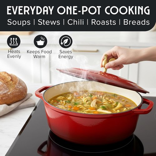 MUELLER HOME Enameled Cast Iron Dutch Oven - 5.5 Quart with Rooster Knob & Cotton Potholders, Red