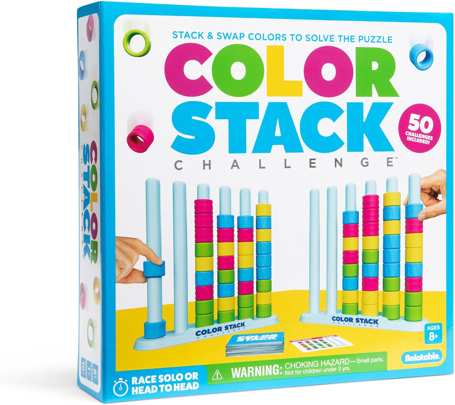 Relatable Color Stack Challenge - Fast-Paced Color Matching Puzzle Game for Family Fun | Includes 2 Stack Racks, 50 Challenge Cards, 80 Rings