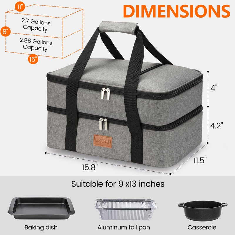 Uoxfill Lunch Bag Insulated Thermal Food Carrier Insulated Double Decker Casserole Carrier for Hot or Cold Food,Insulated Tote Bag for Potluck Cookouts Picnic,Lasagna Holder