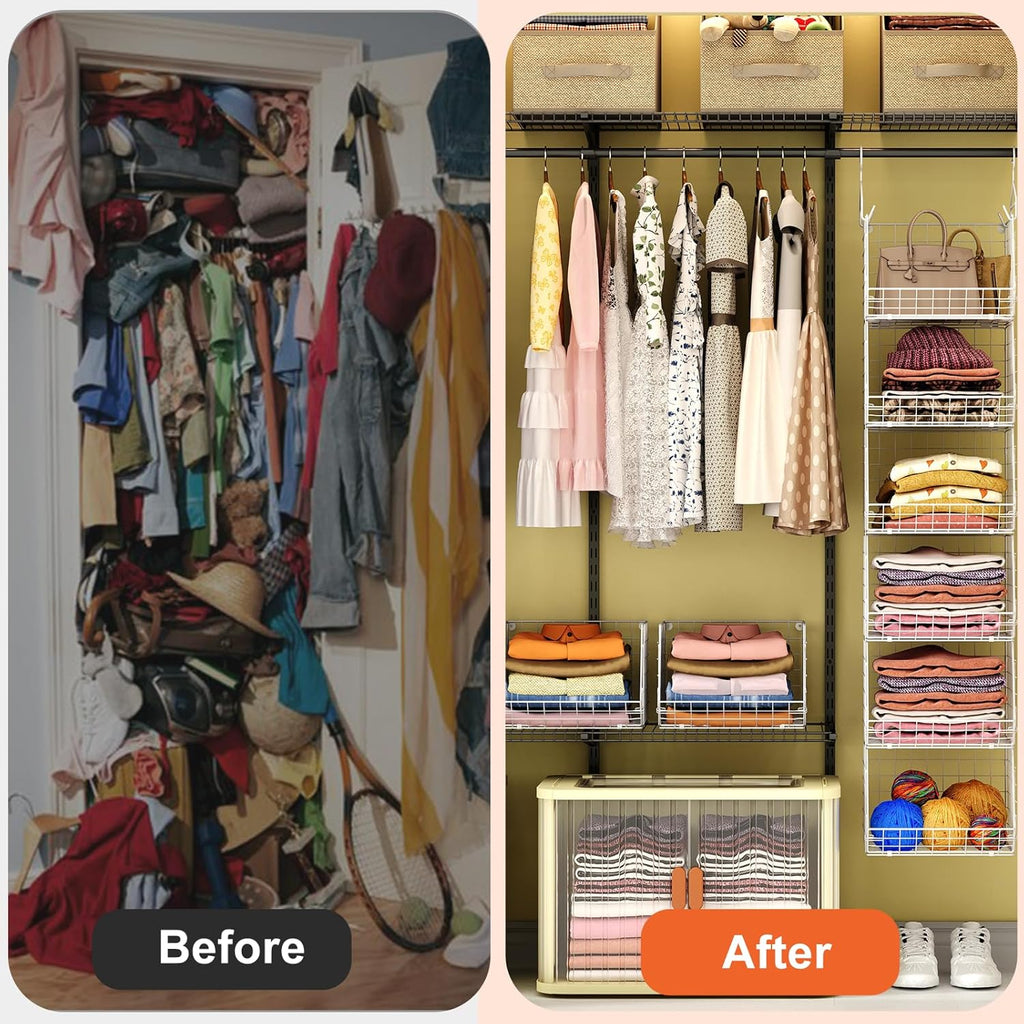 X-cosrack 6-Tier Closet Hanging Organizer - Versatile Clothes Shelves with Hooks & Baskets for Shoes, Handbags, Accessories