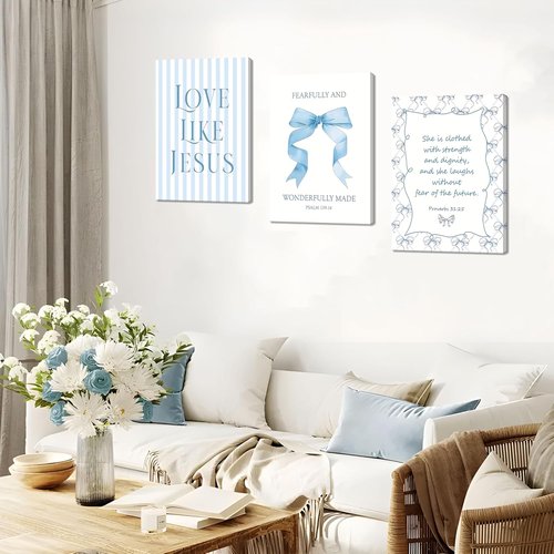 Blue Bow Jesus Wall Art - Inspirational Bible Verse Canvas Print | 12x16 Inch Framed Decor for Dorm Room