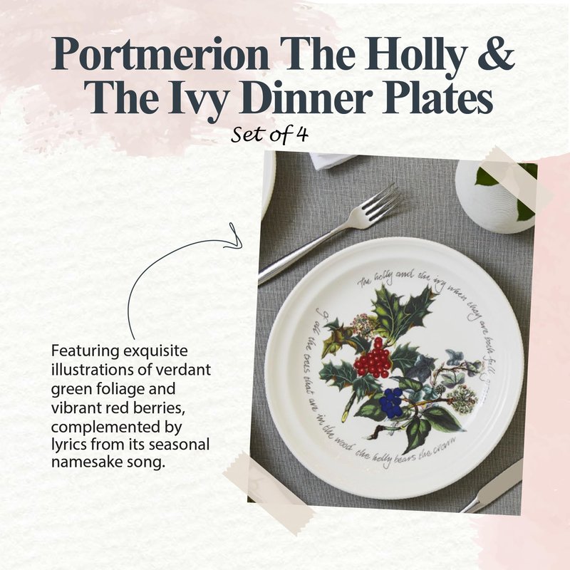 Portmeirion Holly and Ivy 10-inch Christmas Dinner Plates (Set of 4) - Festive Tableware, Beautiful Holly Motif - Microwave, Dishwasher, Freezer, Oven Safe - Holiday Dining & Seasonal Entertaining