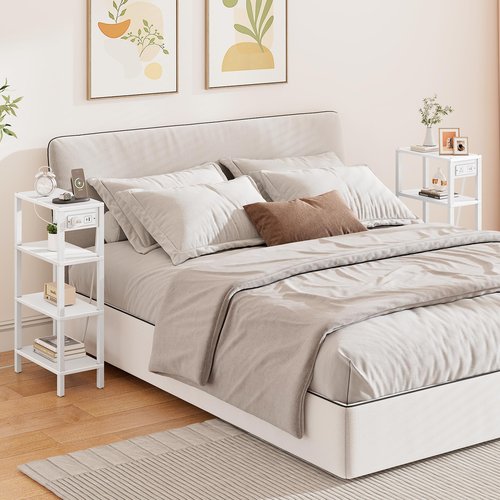 TUTOTAK Narrow Side Table with Charging Station,Small End Table with USB Ports and Outlets, Skinny Sofa Table, Slim Nightstand, Living Room, Bed Room, White TB01BW0802