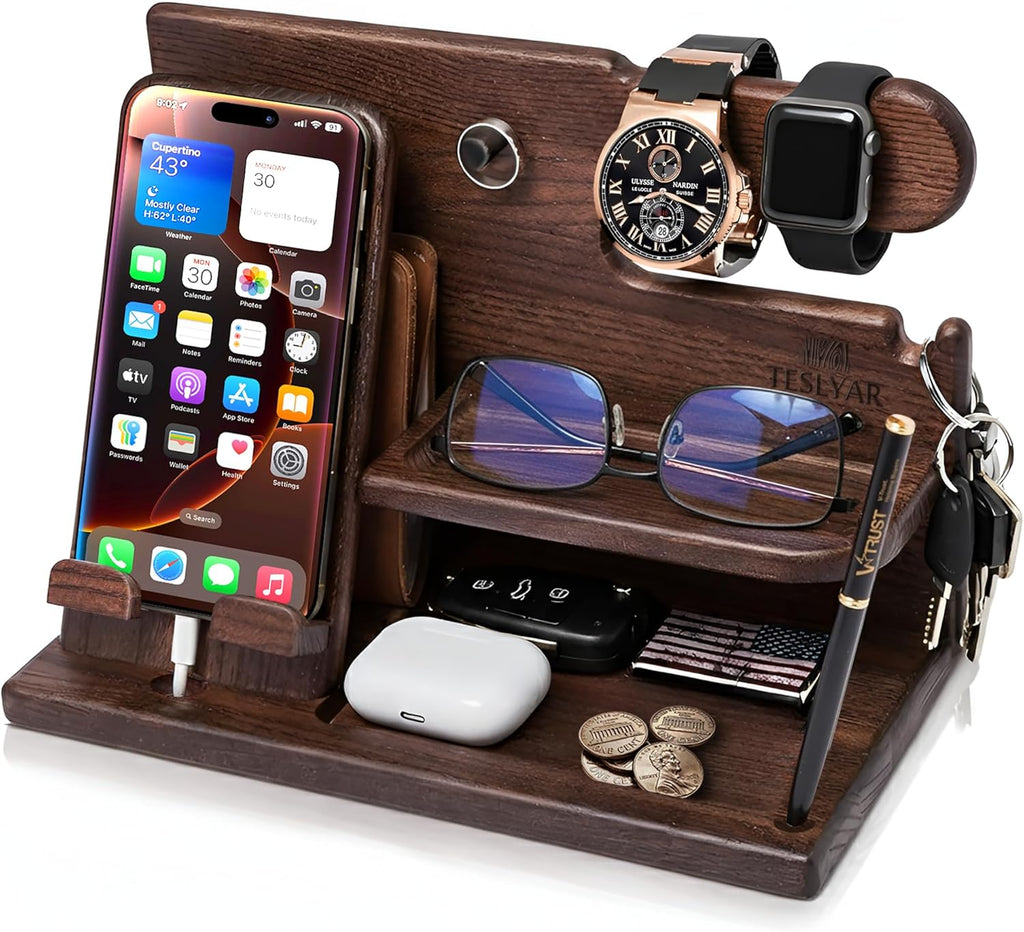 TESLYAR Wood Phone Docking Station - Stylish Desk Organizer for Men | Key Holder & Essentials (Bourbon Brown)