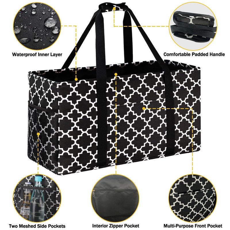 GhvyenntteS Extra Large Utility Tote Bag 2 Pack - Stand Up Utility Tote with Metal Wire Frame & Hard Bottom Board, Reusable Grocery Bags With Handles for Storage, Picnics, Beach, Laundry, Car, Camping