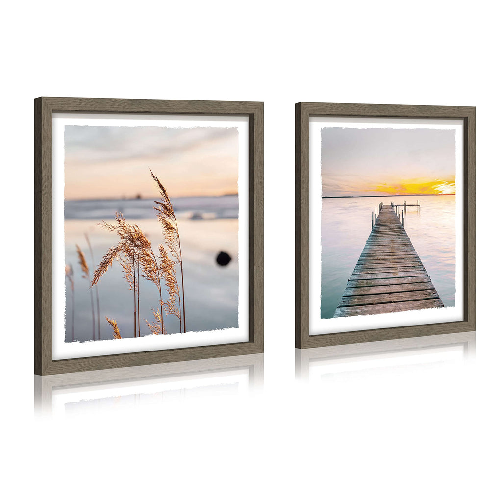 Dock Lake Framed Wall Art: Pier Sunset Sunrise Landscape Reed Scenery Artwork Picture Modern Natural Wilderness Print Painting for Entryway Bedroom Living Room Office