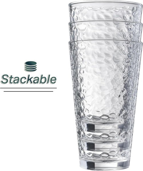 Hammered Glass Cups Set of 10 - 16oz Dishwasher Safe Cocktail & Drinking Glasses | Clear Heavy Base