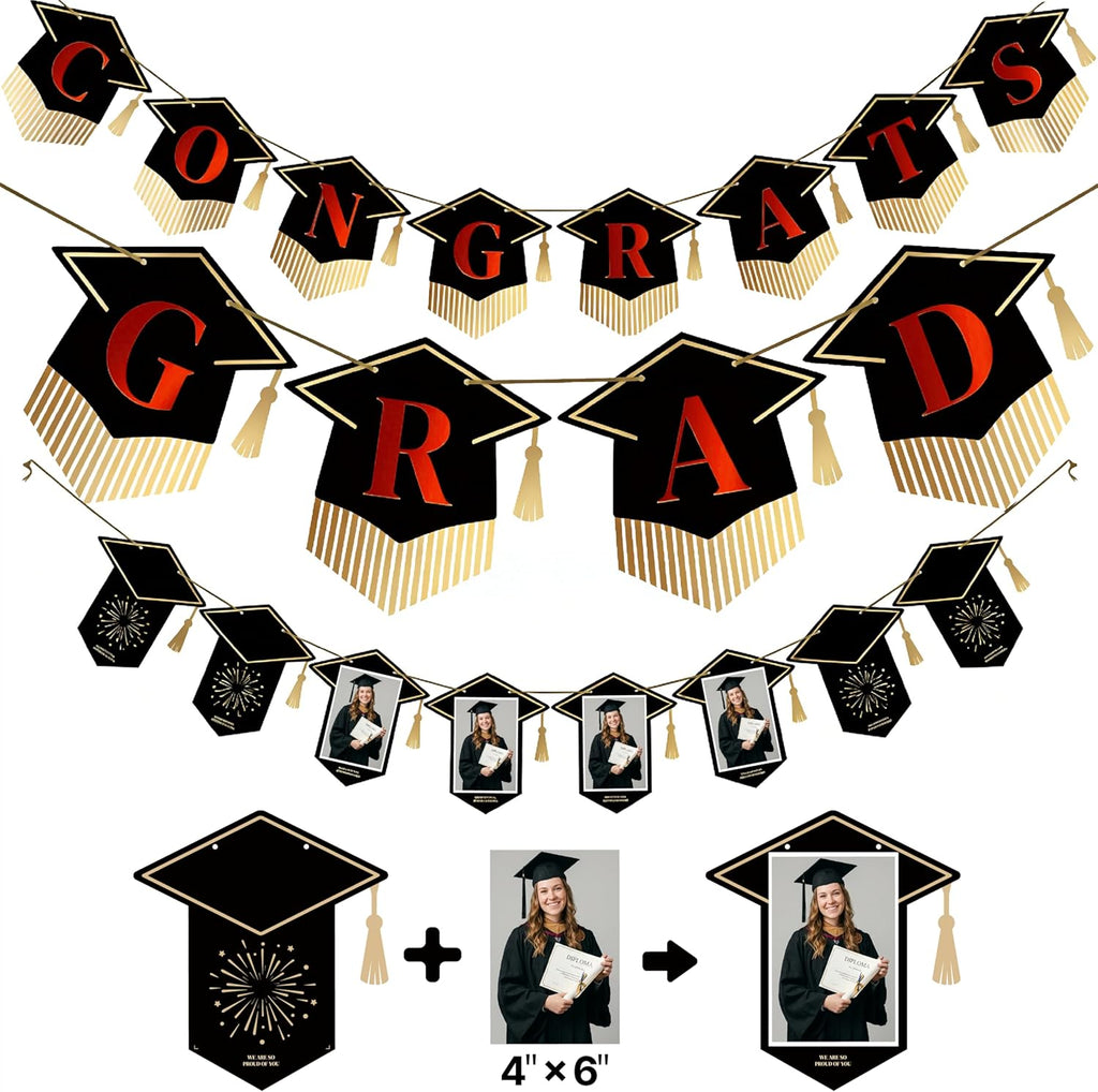 PartyWoo Graduation Banner - Class of 2026 Black and Red Decorations | 2-Piece Hanging Congrats Grad Supplies