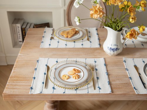 Boho Placemats Set of 6 for Dining Table Decor, Woven Cloth Place Mats for Farmhouse Rustic Kitche Home Decor, Cotton Placemats 13 x 19 Inch, Blue and Beige Table mats