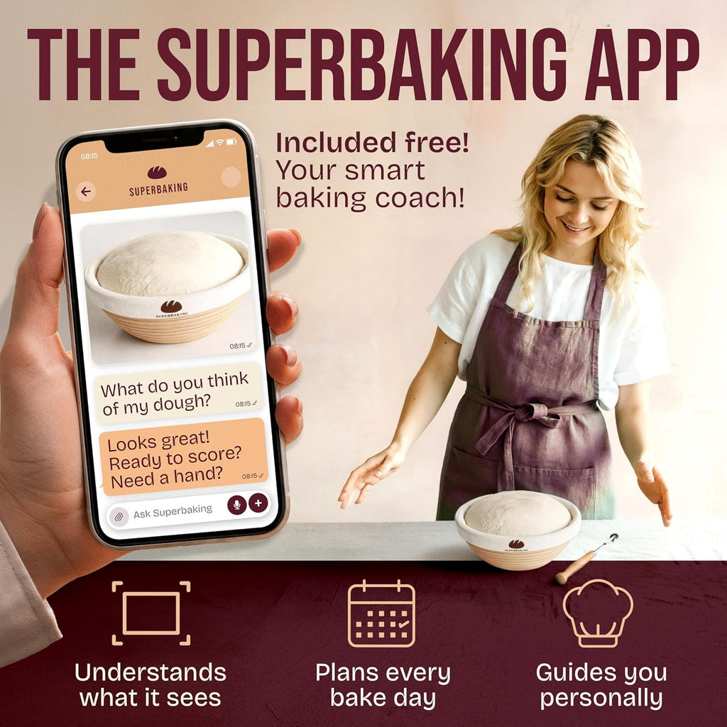 Superbaking Sourdough Starter Kit - 9" Round Banneton Bread Proofing Basket Set & Silicone Sling