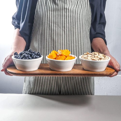 Artena 10oz Ultra-Fine Porcelain Chips and Dip Serving Platter - Acacia Wooden Tray & 4.75" Bowls