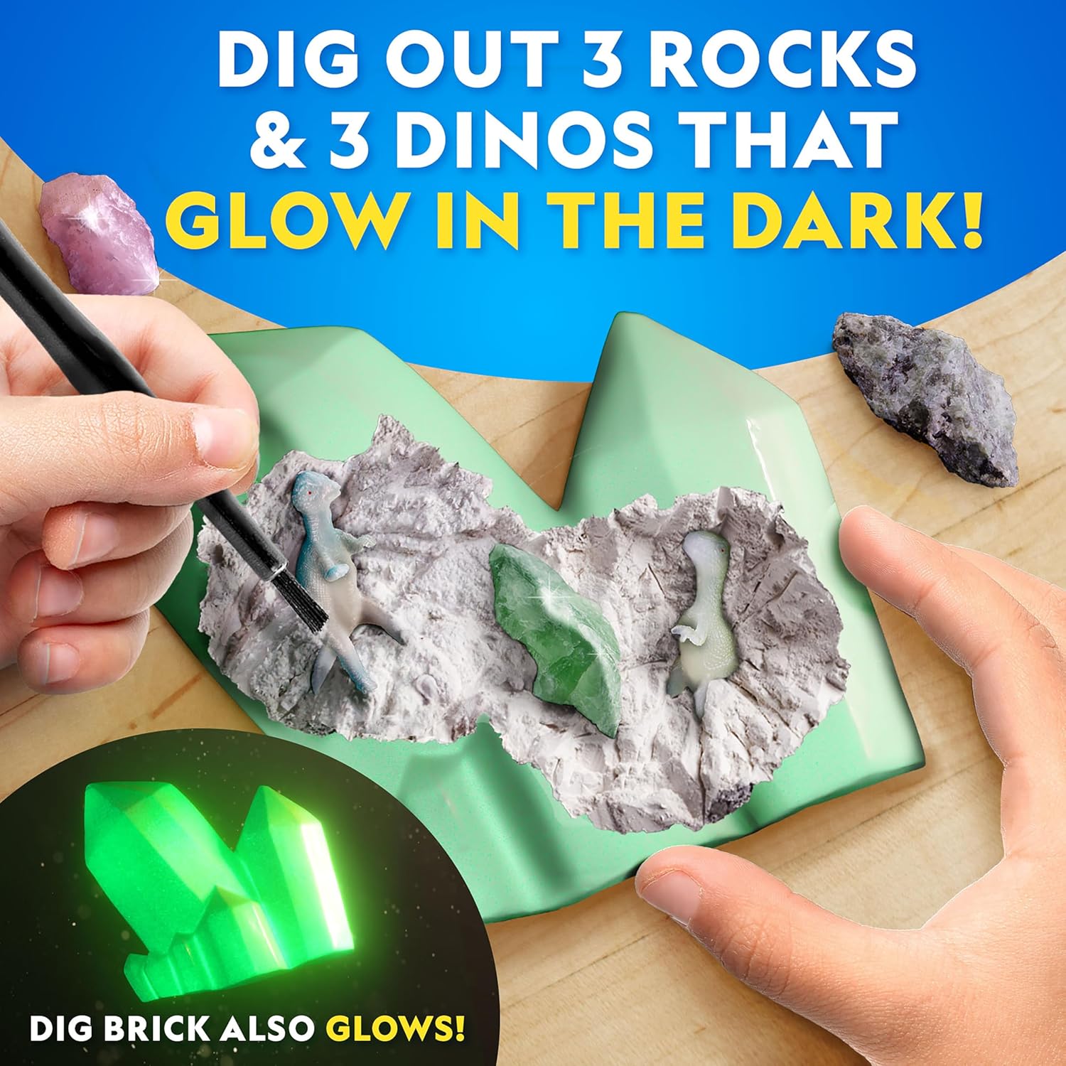 National Geographic Glow In The Dark Dig Kit - Excavate 6 Glowing Rocks & Dinosaurs | STEM Science Fun for Kids