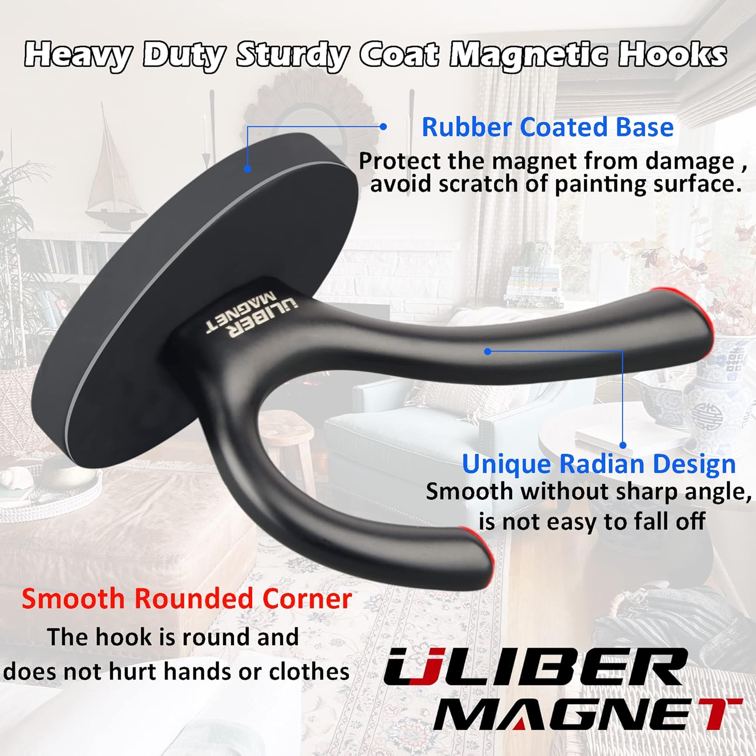 ULIBERMAGNET Heavy Duty Magnetic Double Hooks - Sturdy Coat & Towel Holders, 2 Pack (Black)