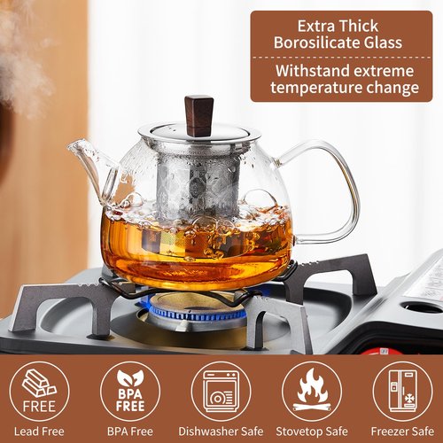 DOPUDO 34OZ/1000ml Glass Teapot with Stainless Steel Infuser, Drip-Free Spout, and Wooden Knob Lid – Stovetop Safe Borosilicate Tea Kettle for Loose Leaf and Herbal Tea Brewing