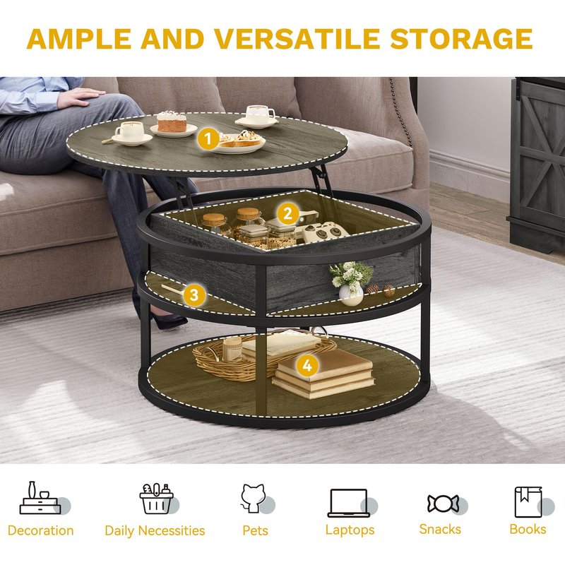 DWVO Round Coffee Tables for Living Room, Lift Top Coffee Table with Storage, Farmhouse Wood Coffee Table, Circle Small Coffee Tables Living Room for Home Decir Office, Grey