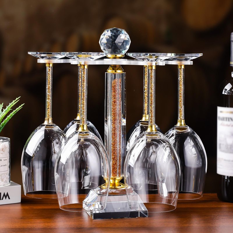 Hanjue Crystal Glass Stemware Rack, Rotates to Hold 6 Wine Glasses, Crystal Wine Glass Holder,Stemware Holder for Wet Bar Home Bar, Bar Cart(white crush diamonds)