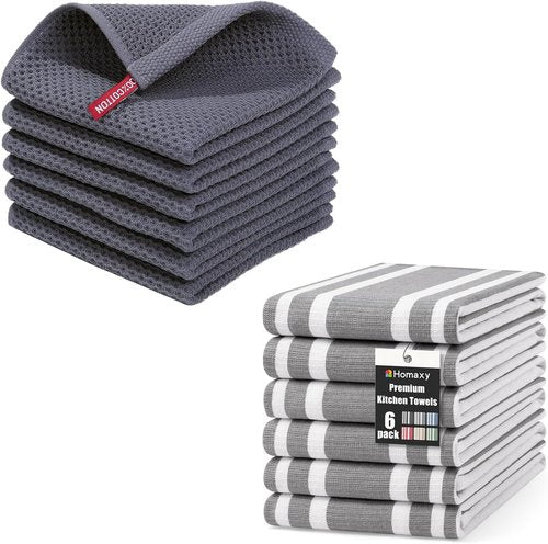 Homaxy Kitchen Dish Cloths - 100% Cotton Waffle Weave, 12x12 Inches, 6-Pack | Premium Grey Kitchen Towels, 18x28 Inches, 6-Pack
