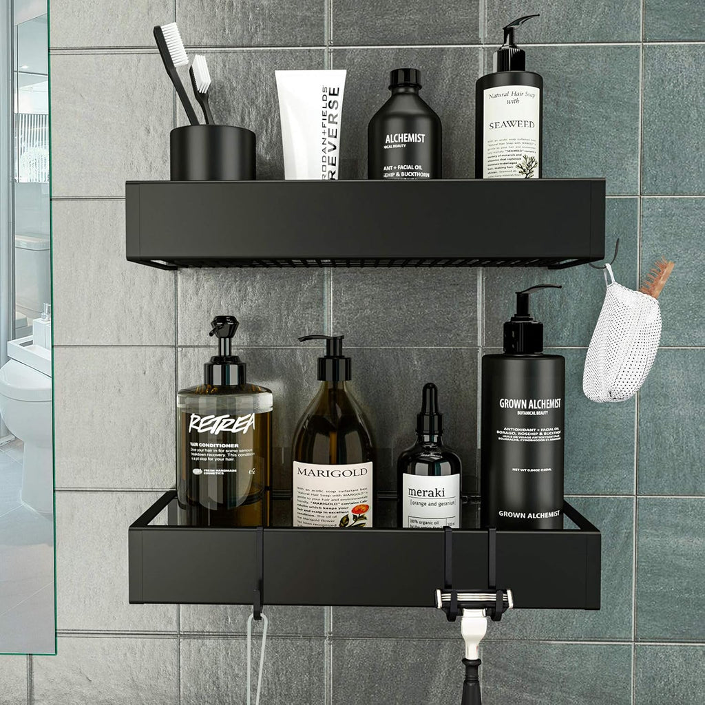 Skiennix Shower Caddy - Adhesive Organizer with Hooks | No-Drill Shower Rack Holder - 2 Pack Black