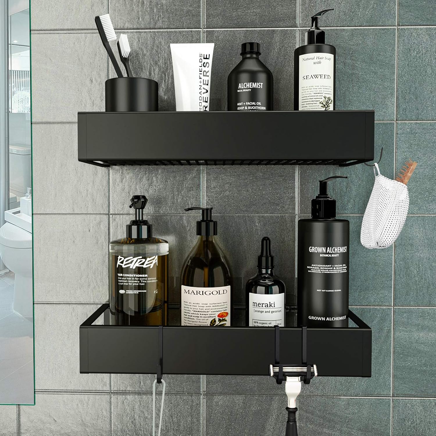 Skiennix Shower Caddy - Adhesive Organizer with Hooks | No-Drill Shower Rack Holder - 2 Pack Black