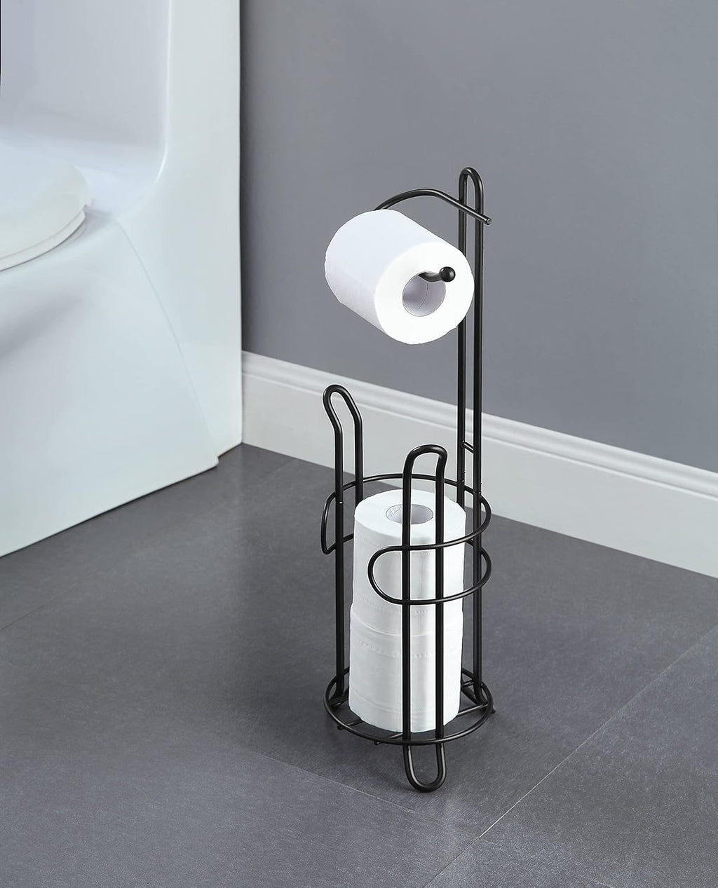 SunnyPoint Toilet Paper Holder - Freestanding Design with Storage for 3 Spare Rolls, Heavy-Duty Steel, Black Finish