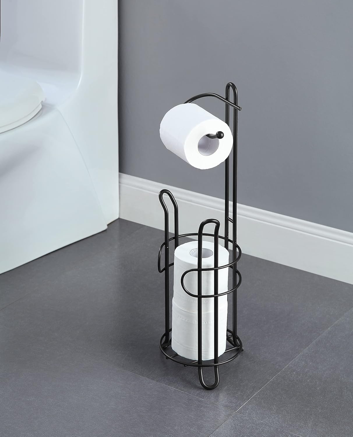 SunnyPoint Toilet Paper Holder - Freestanding Design with Storage for 3 Spare Rolls, Heavy-Duty Steel, Black Finish