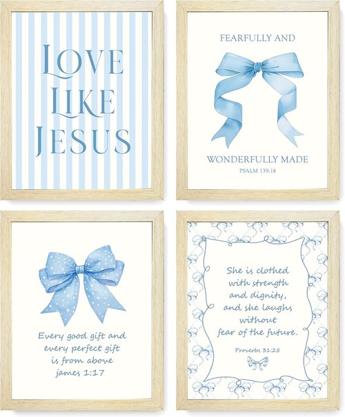 LARTSFRO Coquette Blue Bow Wall Art | Inspirational Bible Verse Decor for Bedroom & Dorm | Set of 4, 10x8 Inch