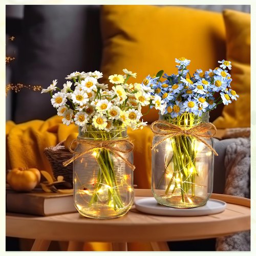 Chunful 12 Pcs Glass Mason Jar with LED Lights for Table Centerpiece Decorations Set Clear Rustic Farmhouse Coffee Table Decor with LED Lights for Wedding Dining Room Kitchen Decor (Warm Light)