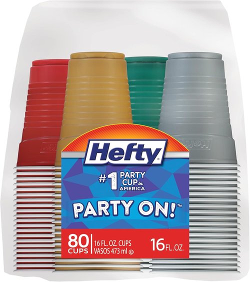 Hefty Party On Disposable Plastic Cups - 16 Oz, 80 Count, Assorted Colors | Durable & Easy Grip