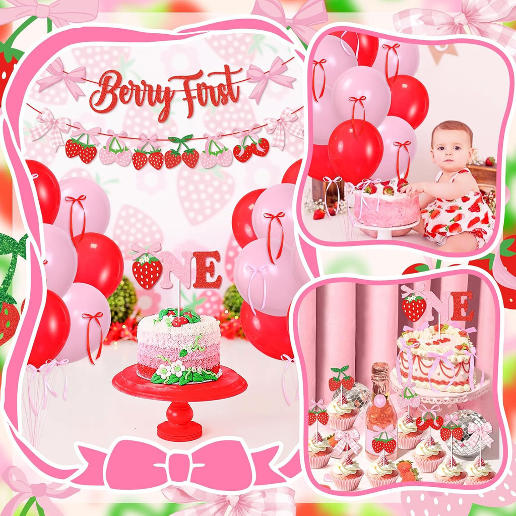 Skiennix Pink Bow Strawberry First Birthday Party Decor - Glitter Banners & Balloons for Girls