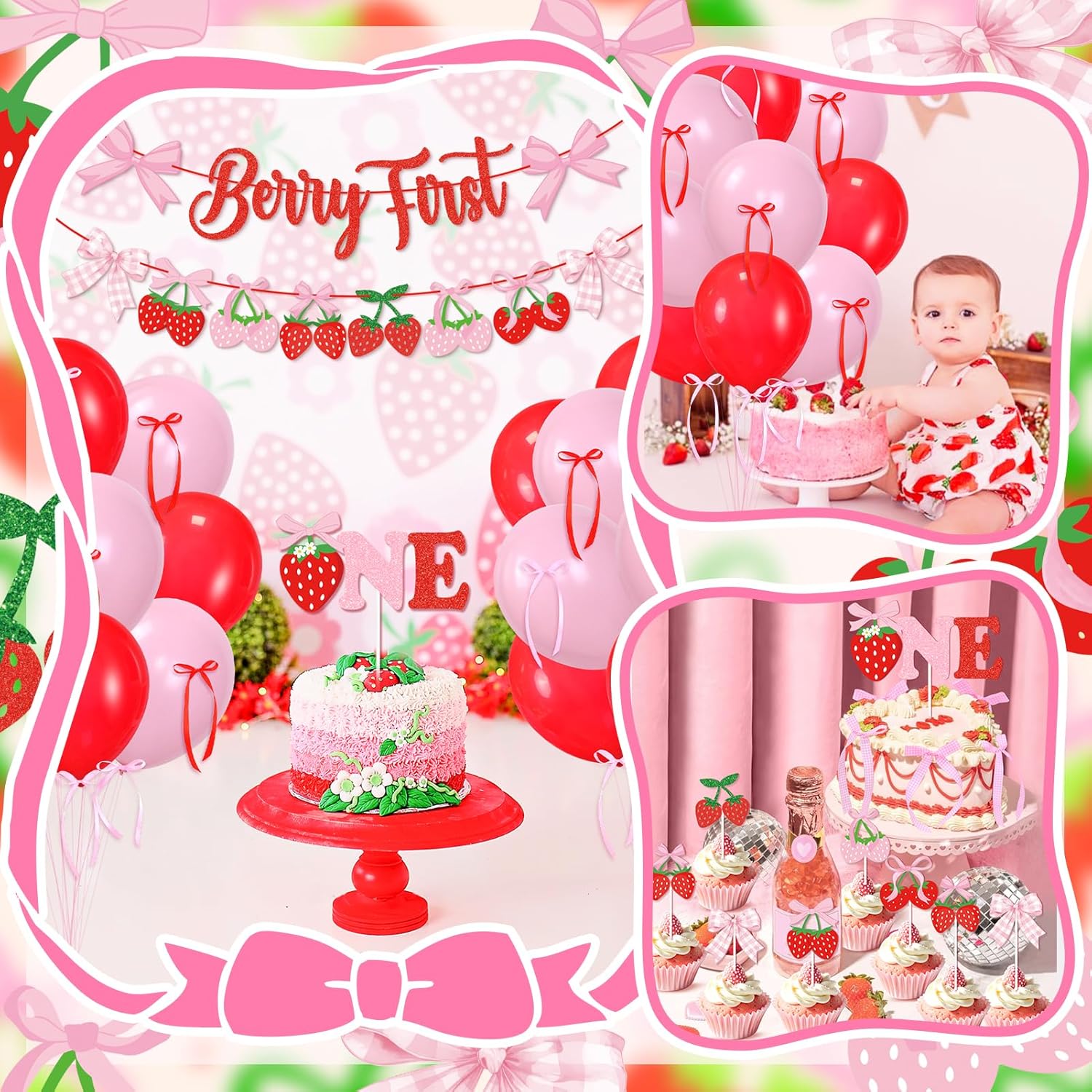 Skiennix Pink Bow Strawberry First Birthday Party Decor - Glitter Banners & Balloons for Girls