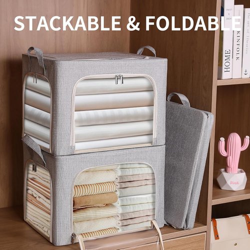 Combocube Clothes Storage Bins - Stackable & Foldable with Zippered Openings | Linen Fabric, 3 Pack