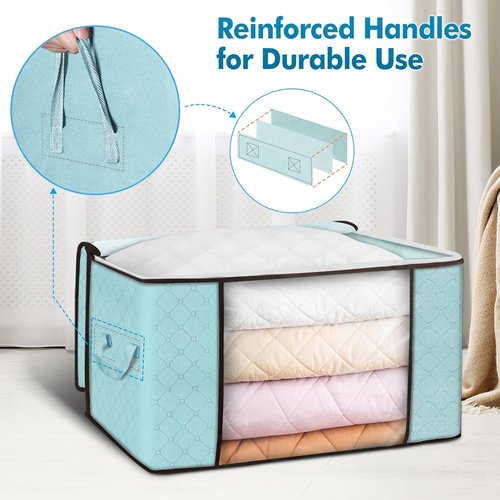 Budding Joy 90L Large Storage Bags - 4 Pack Foldable Closet Organizers for Clothes & Bedding | Blue