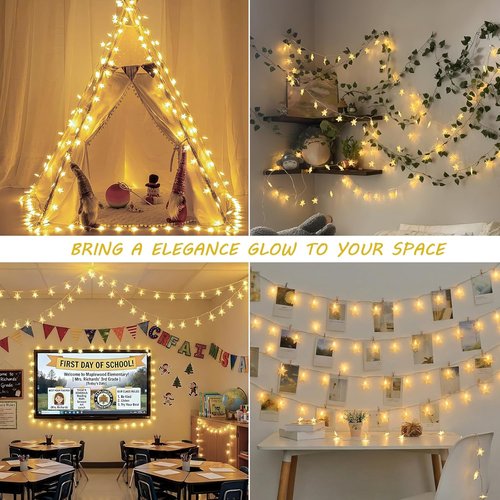 HEYFUNi 39FT Warm White Star String Lights - 100 LED Waterproof Fairy Twinkle Lights for Indoor & Outdoor Decor